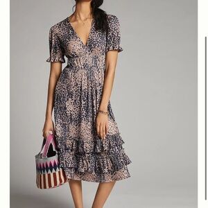 Anthropologie Hutch Adelia Ruffled Midi Dress pockets brown black leopard